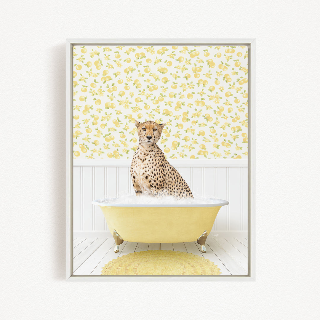 A cheetah sitting in a yellow bathtub filled with water, surrounded by a yellow floral pattern on the wall behind it.