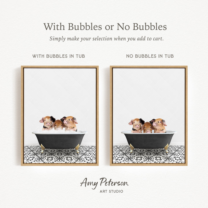 The image is a collage of two framed pictures, each depicting a group of three small animals, likely hamsters, sitting in a bathtub. The text above the images reads "With Bubbles or No Bubbles" and below the images, it says "Simply make your selection when you add to cart."