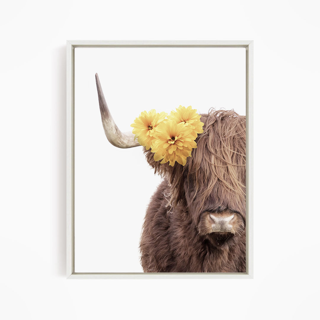 A close-up of a brown cow with large horns, adorned with yellow flowers on its horns.