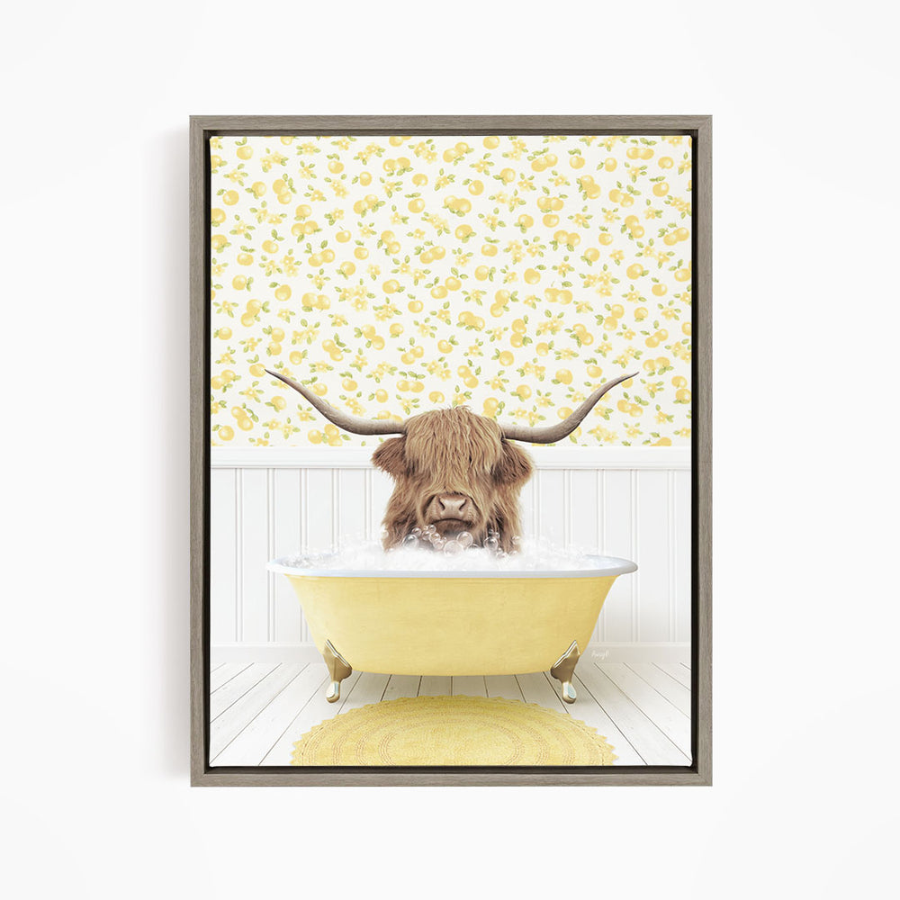 A brown cow with long horns is sitting in a yellow bathtub filled with water, surrounded by a yellow floral pattern on the wall behind it.