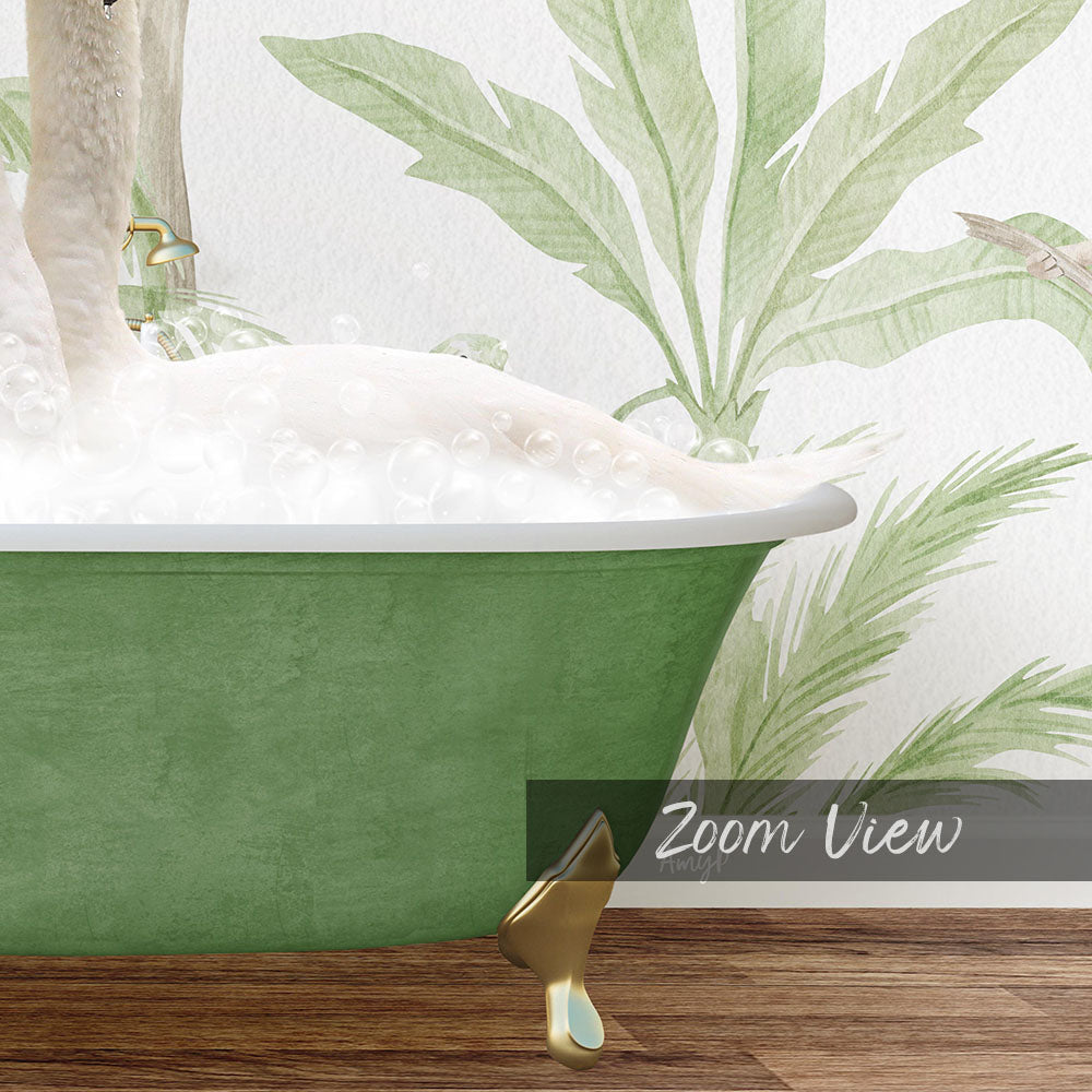 A green bathtub filled with bubbles, with a gold faucet and a palm tree wallpaper in the background.
