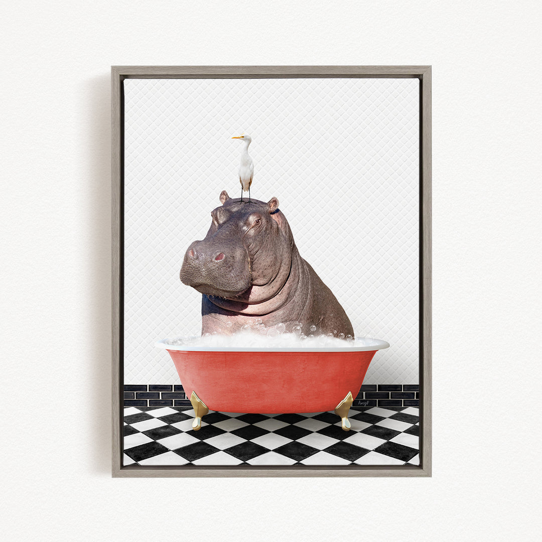A hippopotamus sitting in a red bathtub, with a seagull perched on its head.