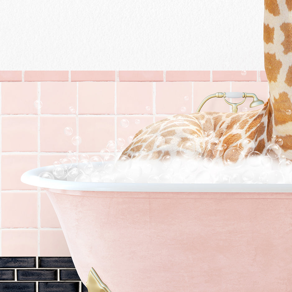 a giraffe sticking its head out of a bathtub