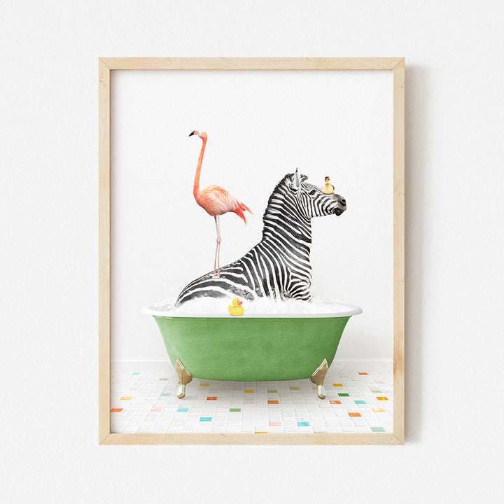 a picture of a zebra and a flamingo in a bathtub