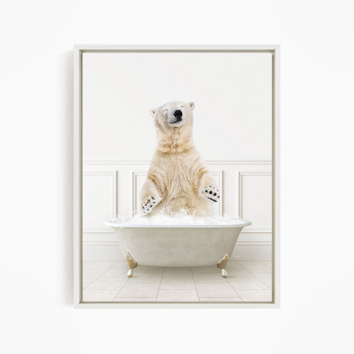 A polar bear standing in a white bathtub filled with water, appearing to be enjoying a bath.