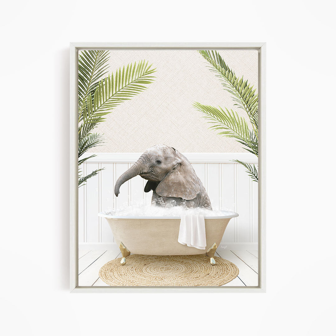 A baby elephant sitting in a bathtub filled with water, surrounded by palm leaves.