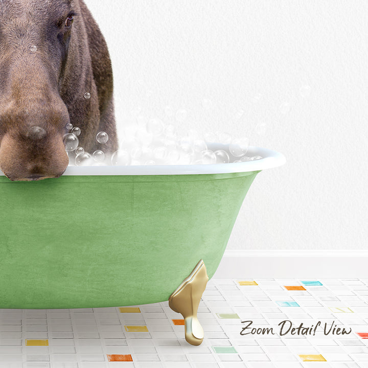 A dog is sitting in a green bathtub filled with bubbles, with a colorful tiled floor in the background.