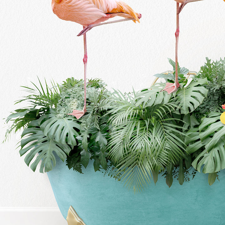 two flamingos are standing on top of a plant