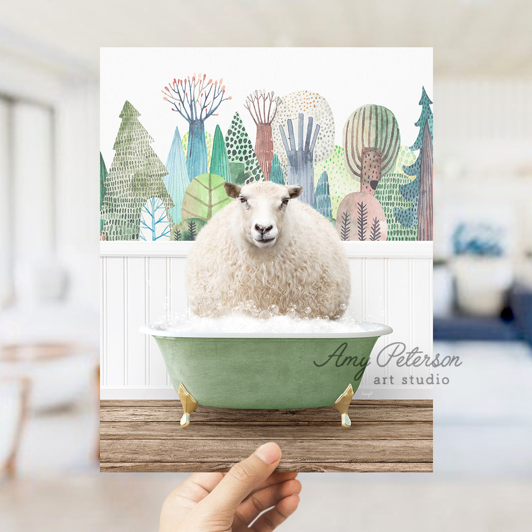 a hand holding a card with a sheep in a bathtub