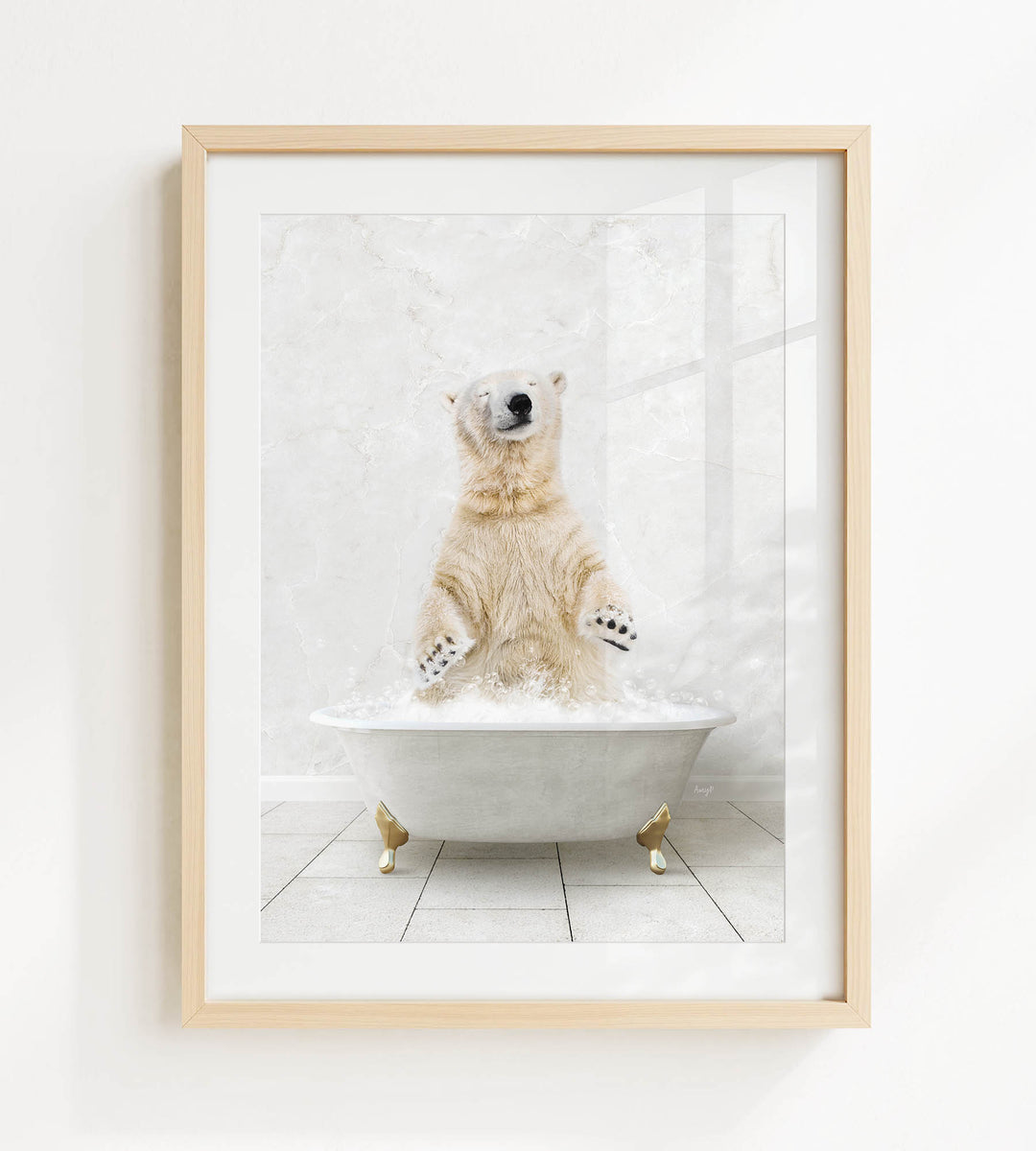 A polar bear sitting in a bathtub filled with water, appearing to be enjoying a bath.