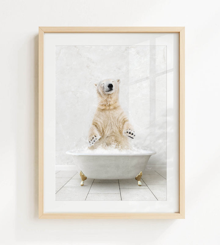 A polar bear sitting in a bathtub filled with water, appearing to be enjoying a bath.