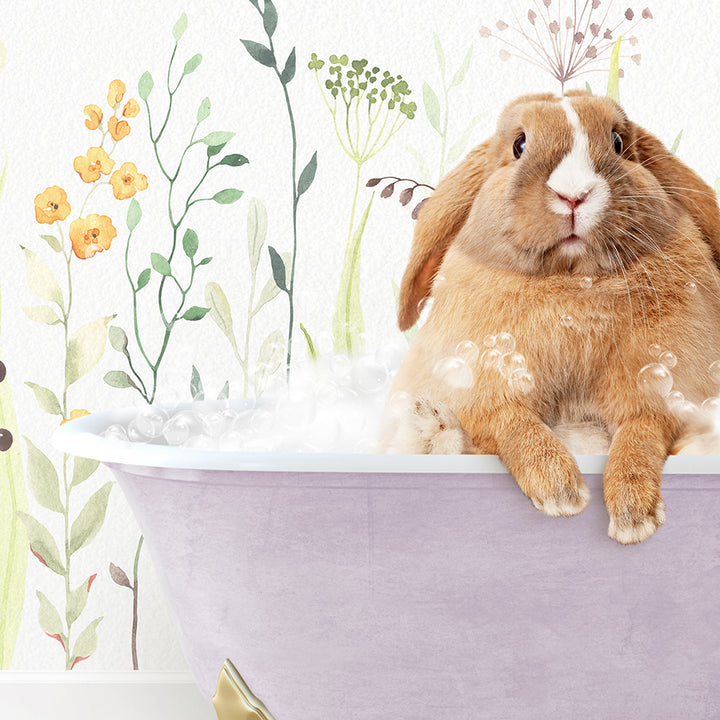 a rabbit sitting in a bathtub with flowers on the wall behind it