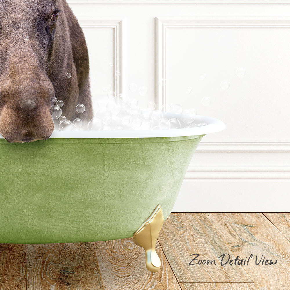 A dog is standing in a green bathtub filled with bubbles, with a wooden floor and a white wall in the background.