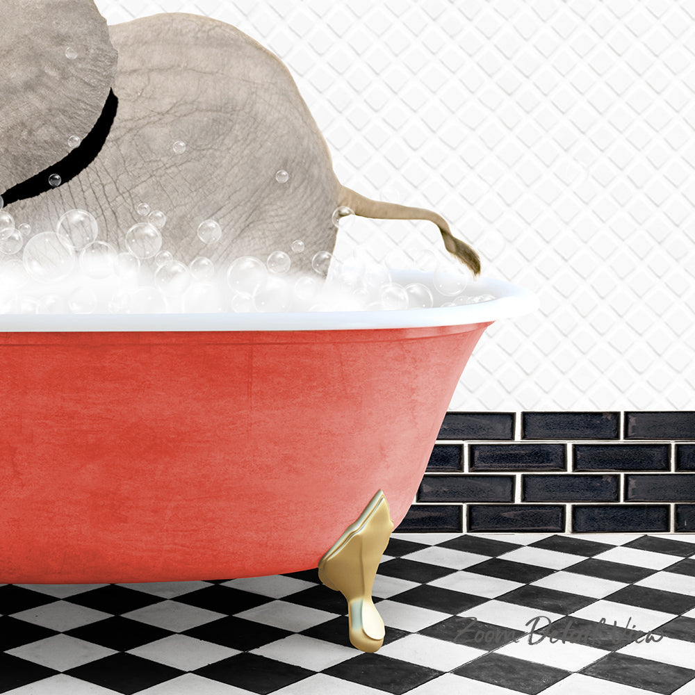 A red bathtub filled with bubbles, with a gray elephant sitting inside and a black and white checkered floor in the background.