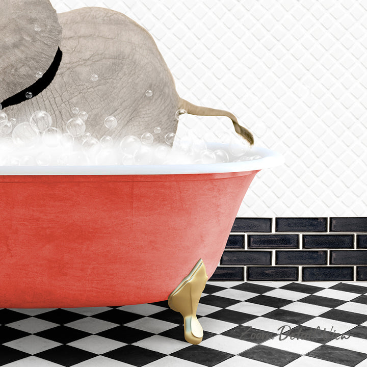 A red bathtub filled with bubbles, with a gray elephant sitting inside and a black and white checkered floor in the background.