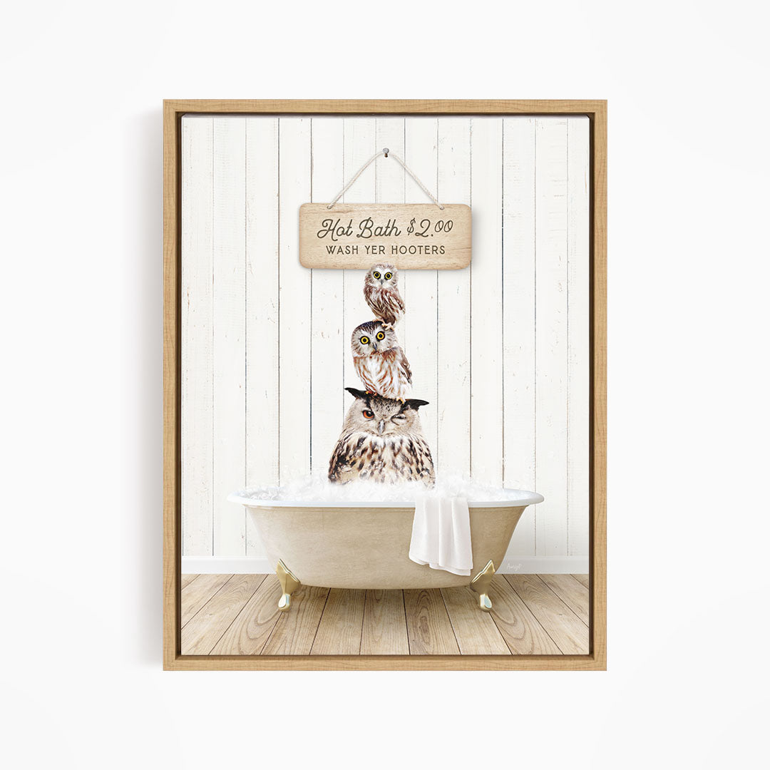 A framed image depicting a wooden sign with the text "Hot Bath $2.00 WASH YER HOOKERS" and a wooden bathtub with three owls sitting in it.