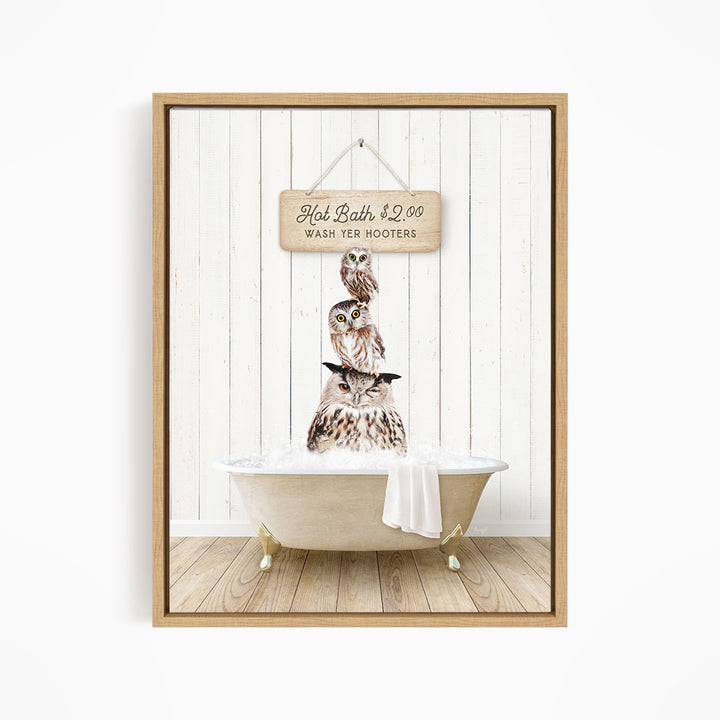 A framed image depicting a wooden sign with the text "Hot Bath $2.00 WASH YER HOOKERS" and a wooden bathtub with three owls sitting in it.