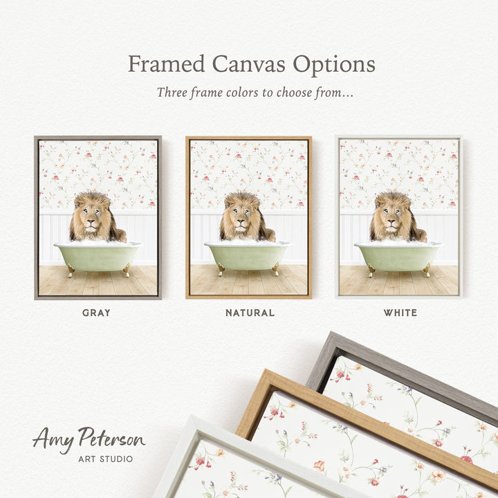 The image is a framed canvas option featuring three different framed pictures of a lion sitting in a bathtub. The pictures are in various frame colors, including gray, natural, and white.