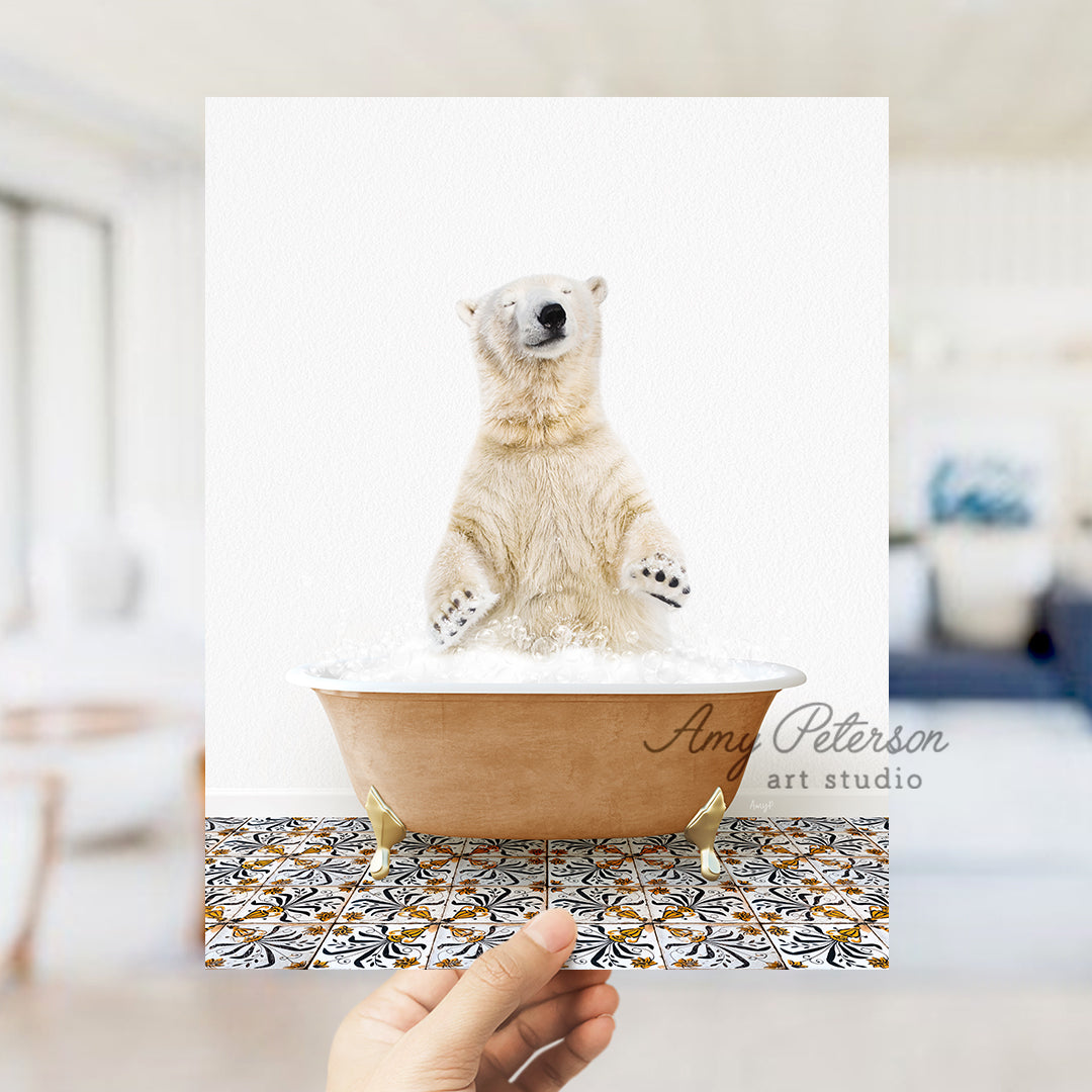 a polar bear sitting in a bath tub