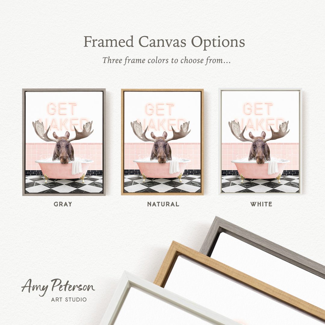 three framed canvas options featuring a moose in a bathtub, with different frame colors to choose from.