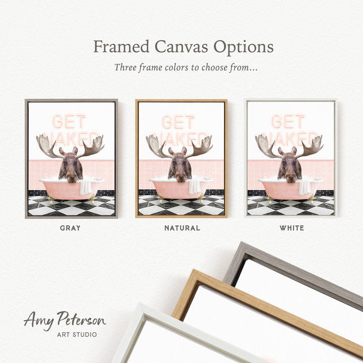 three framed canvas options featuring a moose in a bathtub, with different frame colors to choose from.