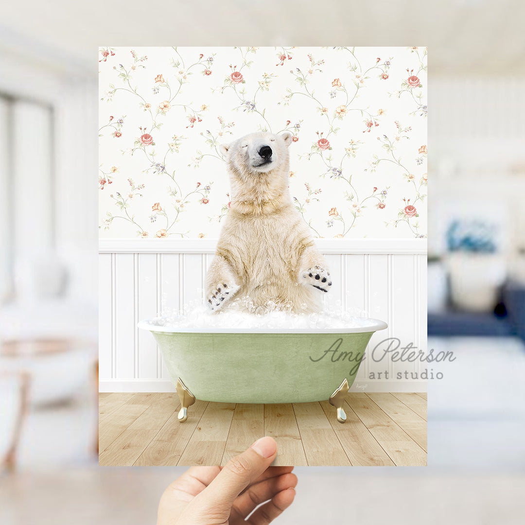 a polar bear sitting in a bath tub