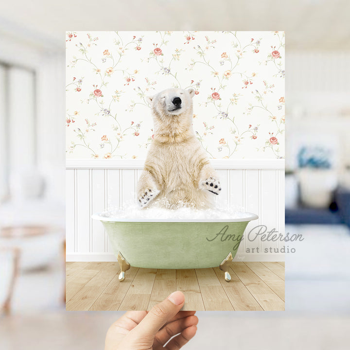 a polar bear sitting in a bath tub