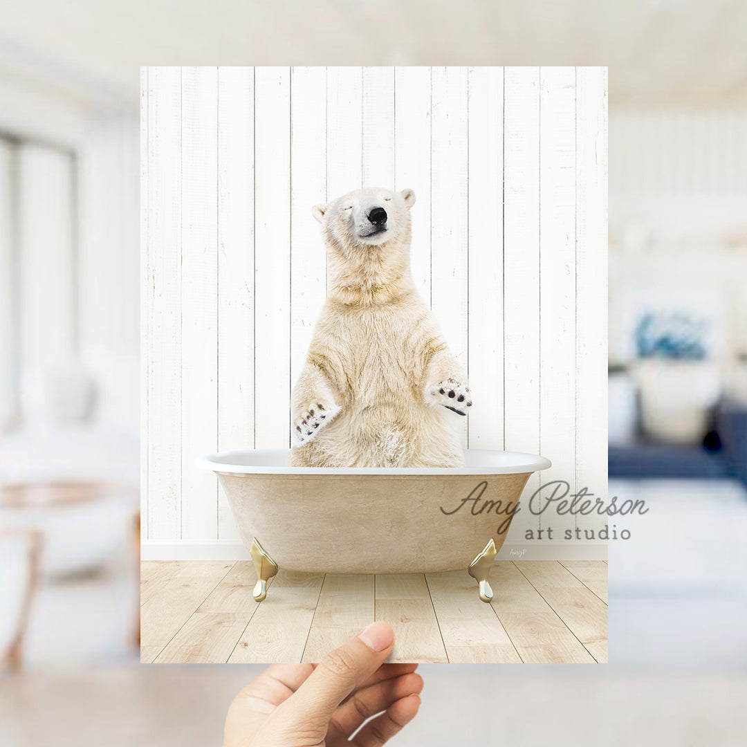 a polar bear sitting in a bath tub