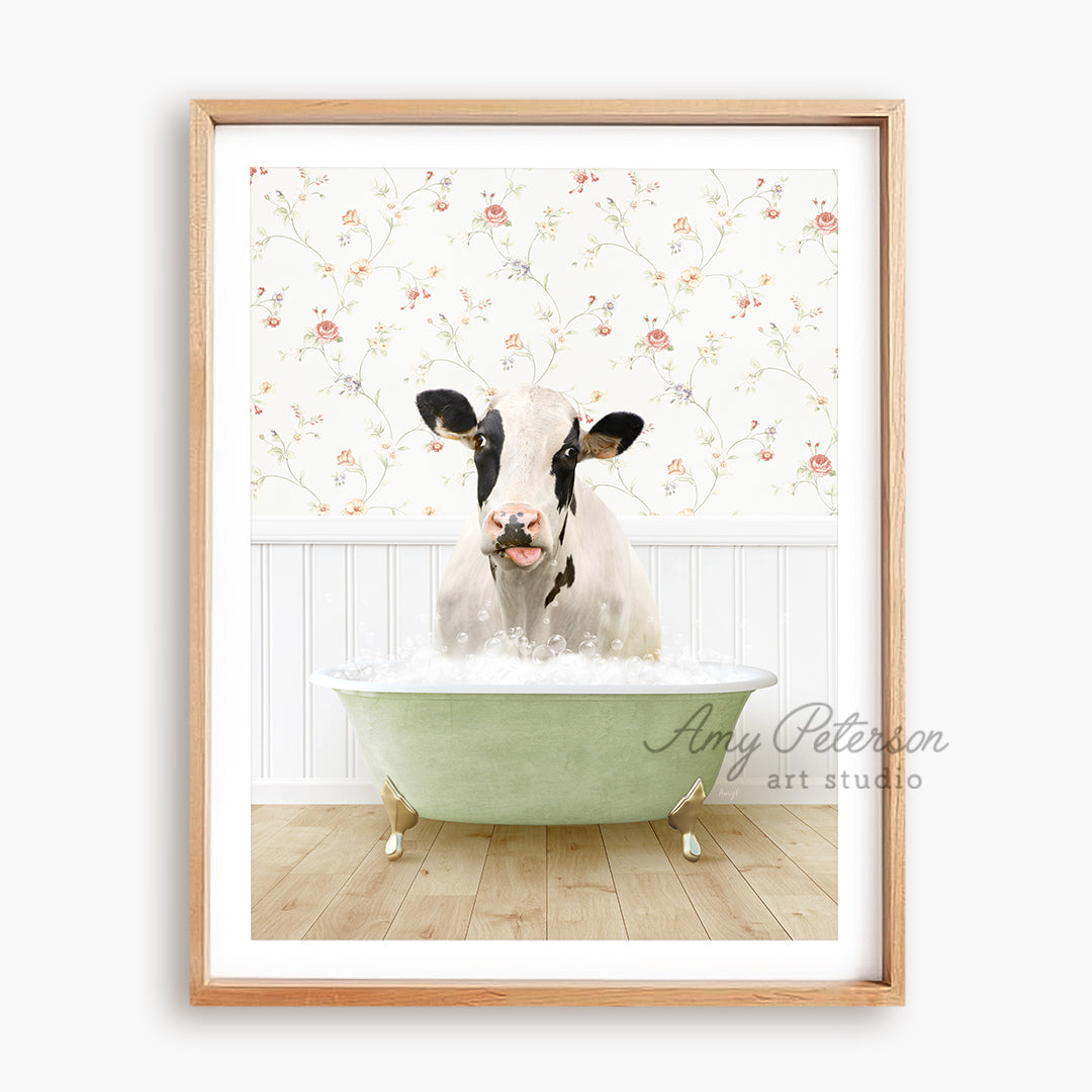 a cow sticking its head out of a bathtub