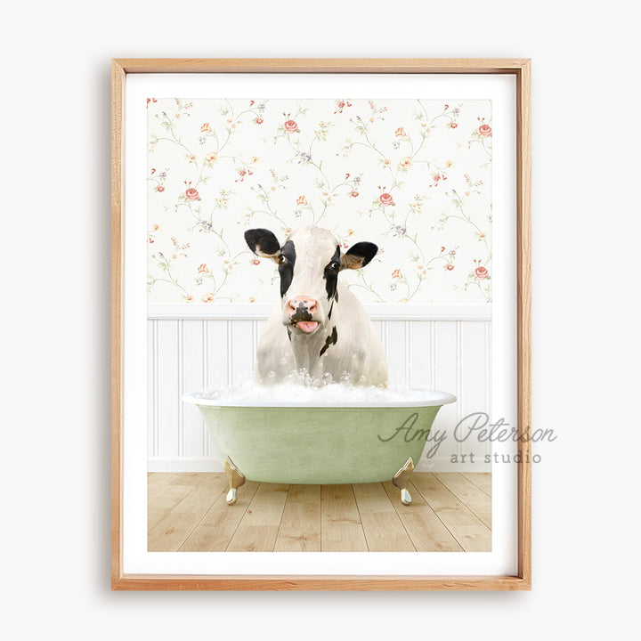 a cow sticking its head out of a bathtub