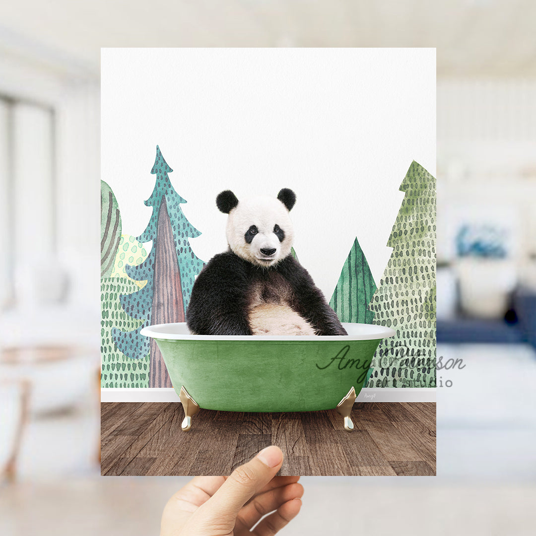 a panda bear sitting in a green bath tub