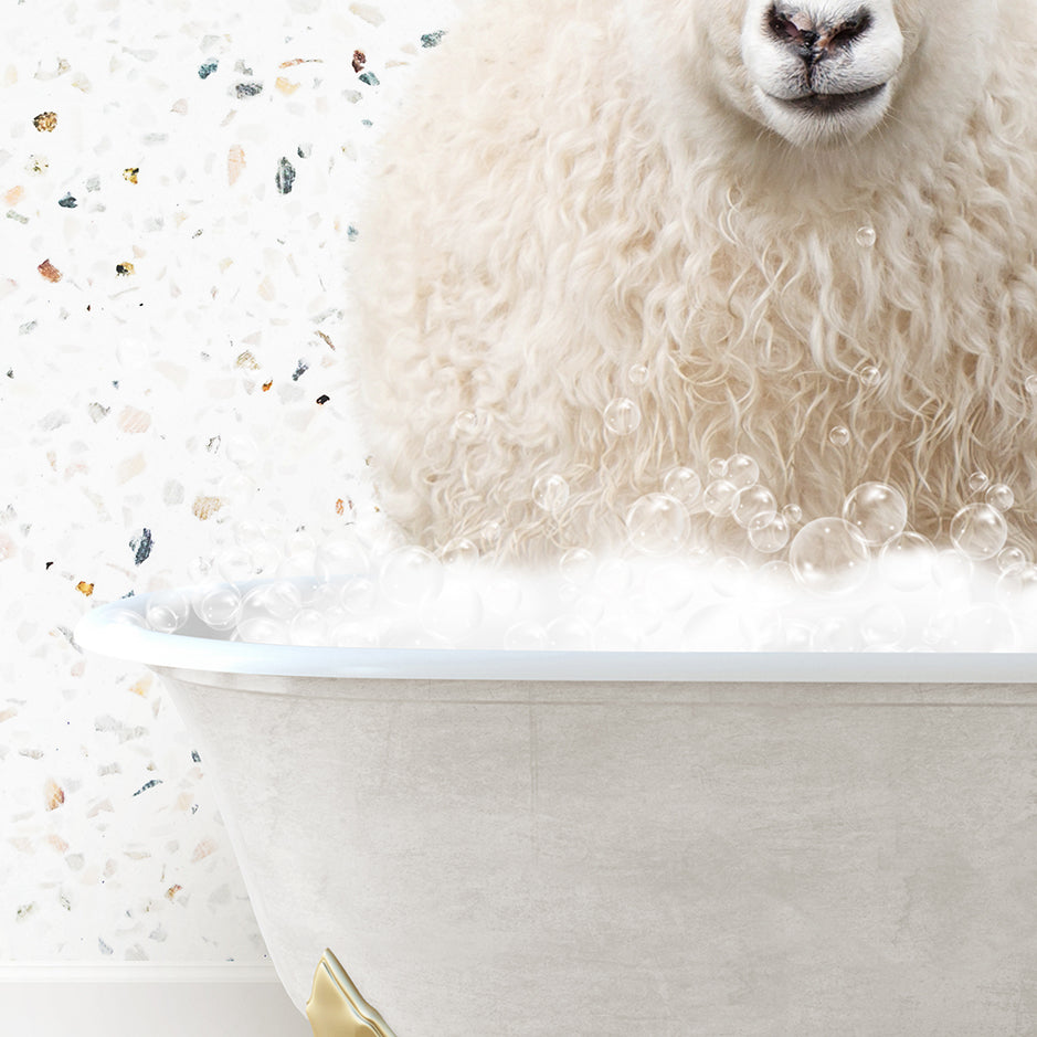 a sheep is sitting in a bathtub with bubbles