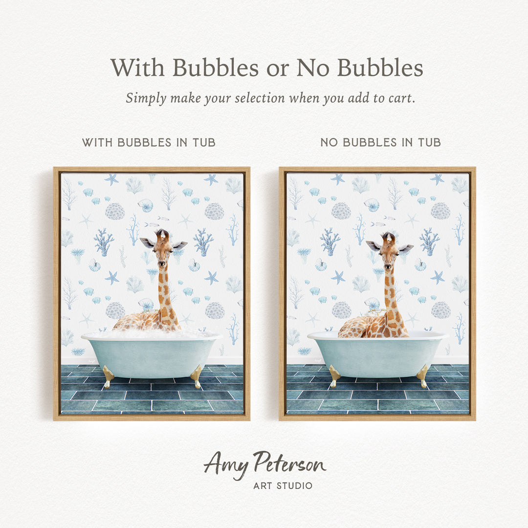 The image is a framed print featuring a giraffe sitting in a bathtub, with the text "With Bubbles or No Bubbles" above the images.