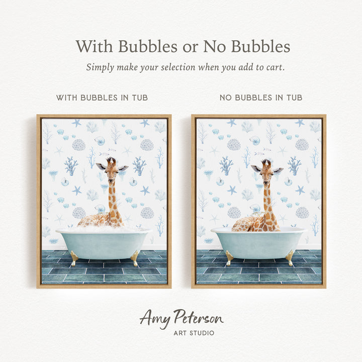 The image is a framed print featuring a giraffe sitting in a bathtub, with the text "With Bubbles or No Bubbles" above the images.