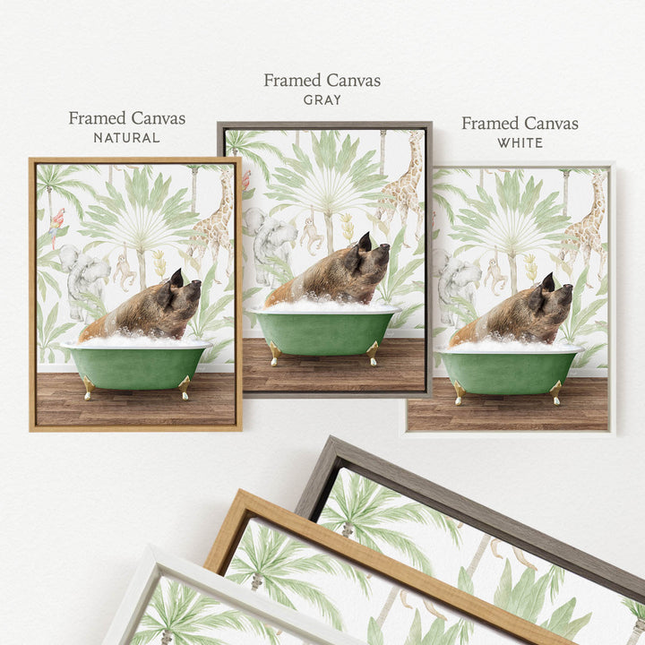 three framed pictures of a pig sitting in a bathtub, each with a different colored frame. The pig is surrounded by a tropical jungle scene, which includes a giraffe and palm trees. The frames are labeled as " Framed Canvas" in each color: "Natural", "Grays", and "White".
