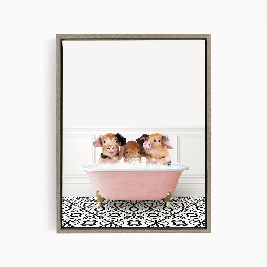 Three adorable pigs sitting in a pink bathtub, enjoying a relaxing bath.