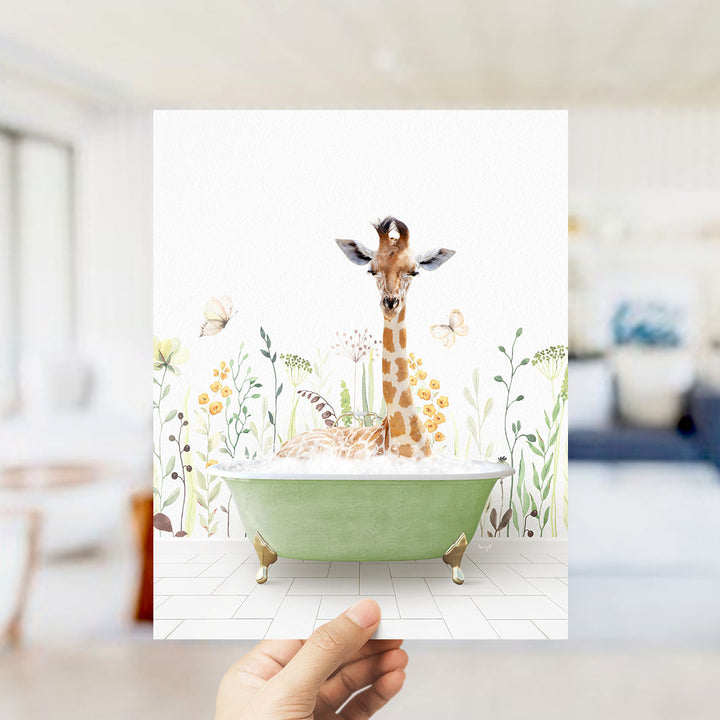 A giraffe sitting in a green bathtub filled with bubbles, surrounded by flowers and butterflies.