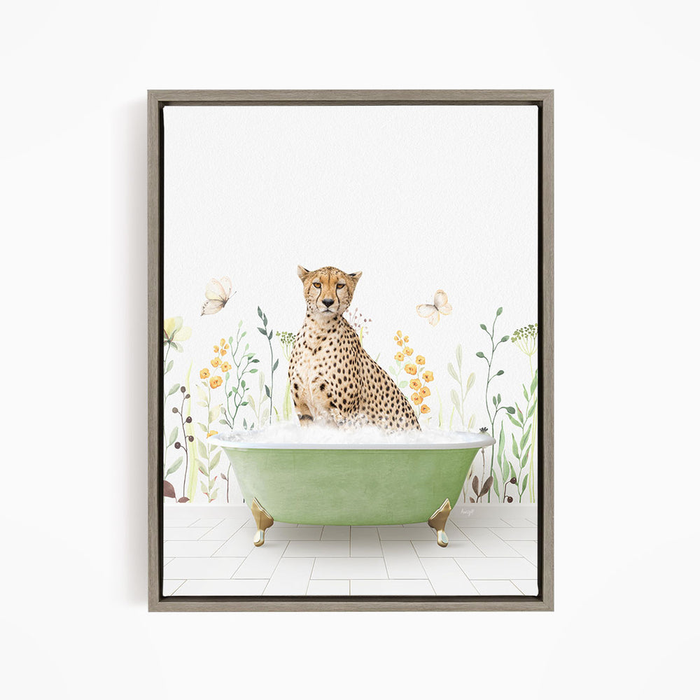 A cheetah sitting in a green bathtub filled with water, surrounded by flowers and butterflies.