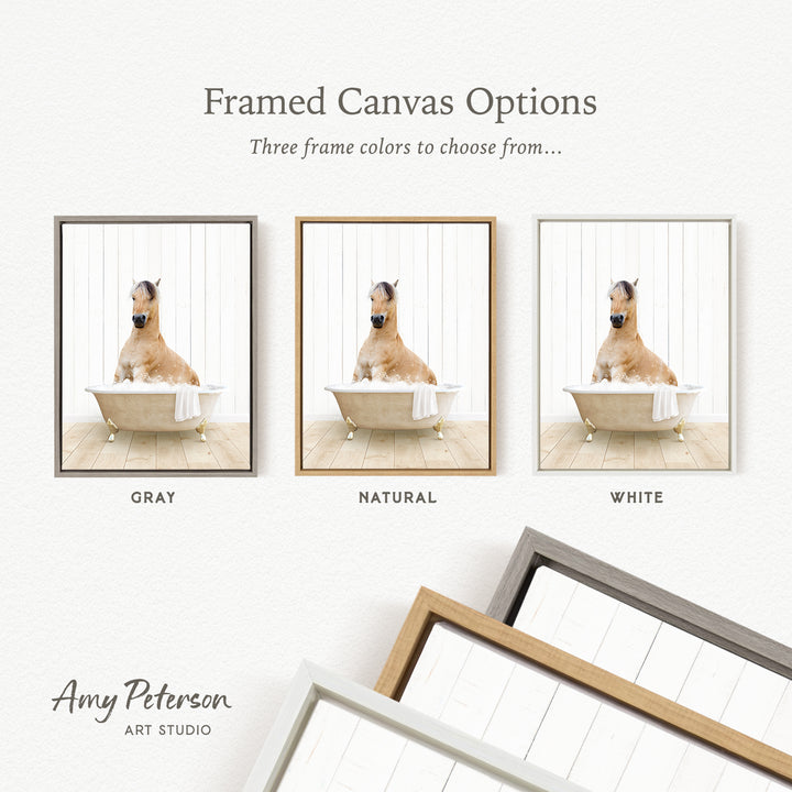 three framed canvas options, each featuring a brown horse sitting in a bathtub. The options include a gray frame, a natural frame, and a white frame.