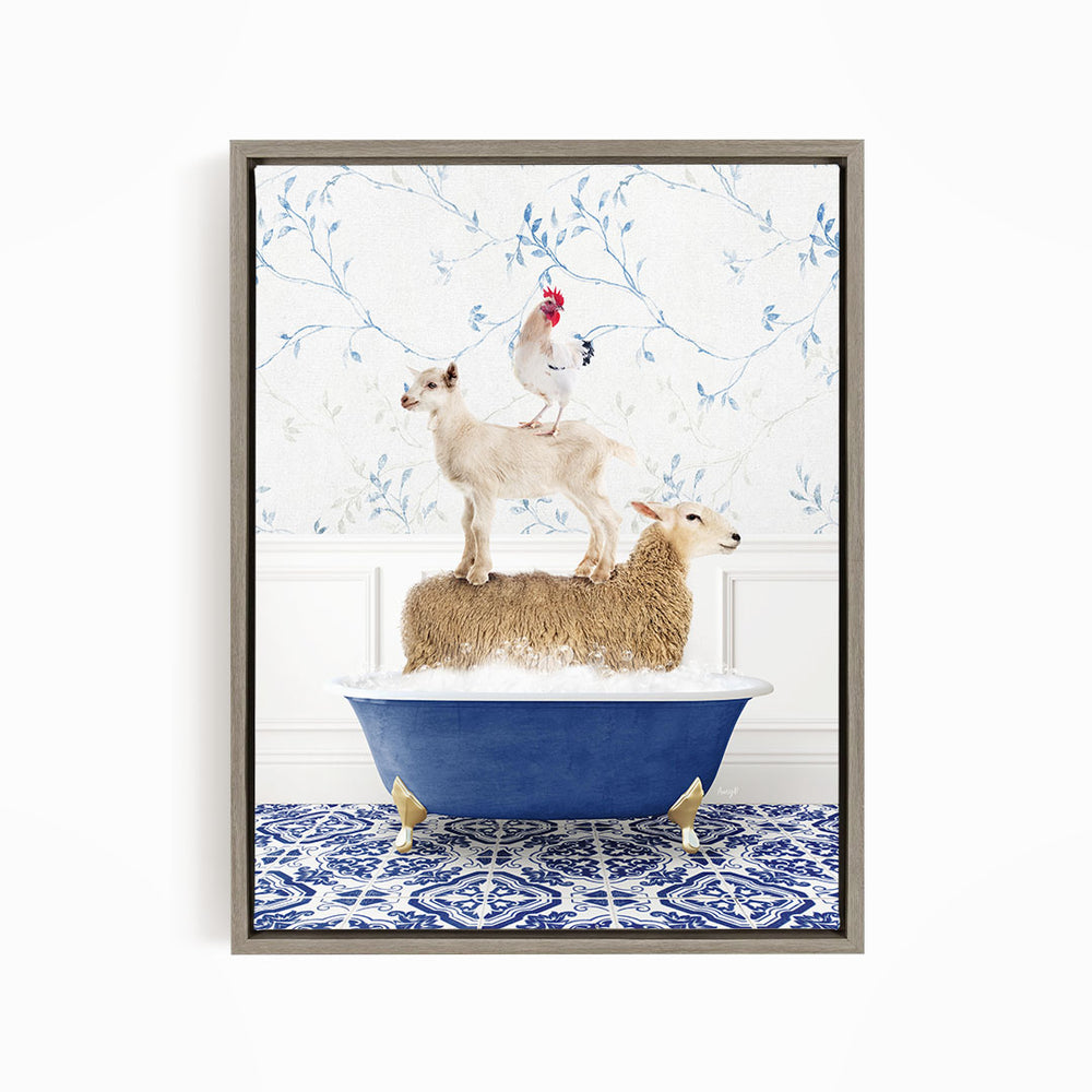 A framed image depicting a sheep standing on a tub filled with water, with a chicken perched on top of it.