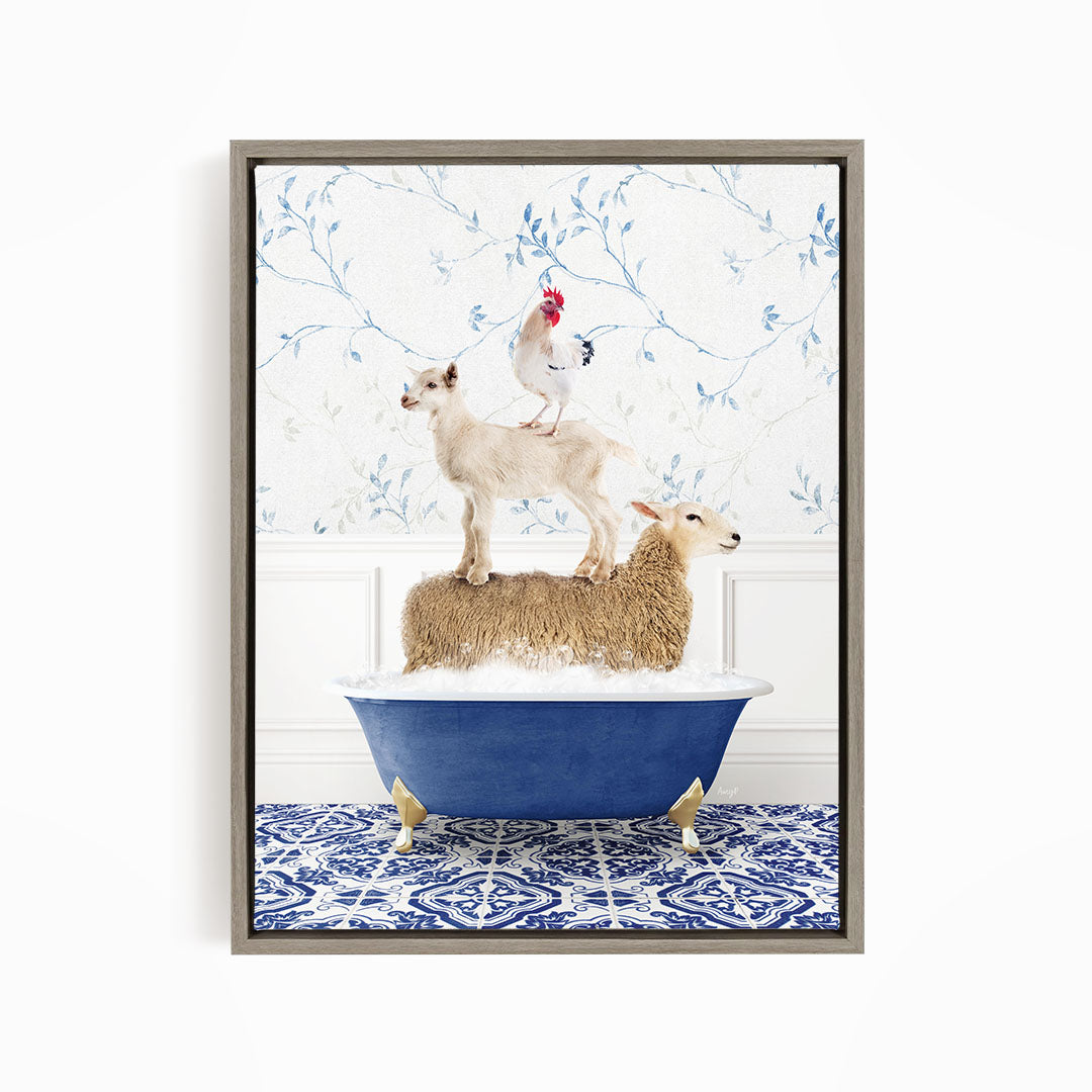A framed image depicting a sheep standing on a tub filled with water, with a chicken perched on top of it.