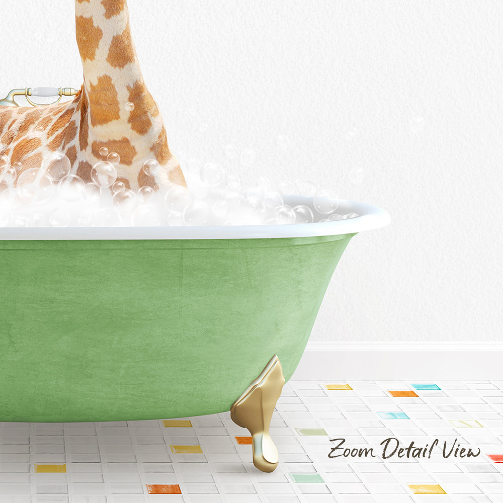 A giraffe is standing in a green bathtub filled with bubbles, creating a whimsical and playful scene.
