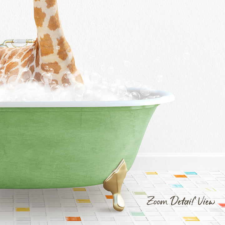 A giraffe is standing in a green bathtub filled with bubbles, creating a whimsical and playful scene.