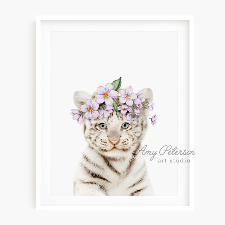 a picture of a white tiger wearing a flower crown