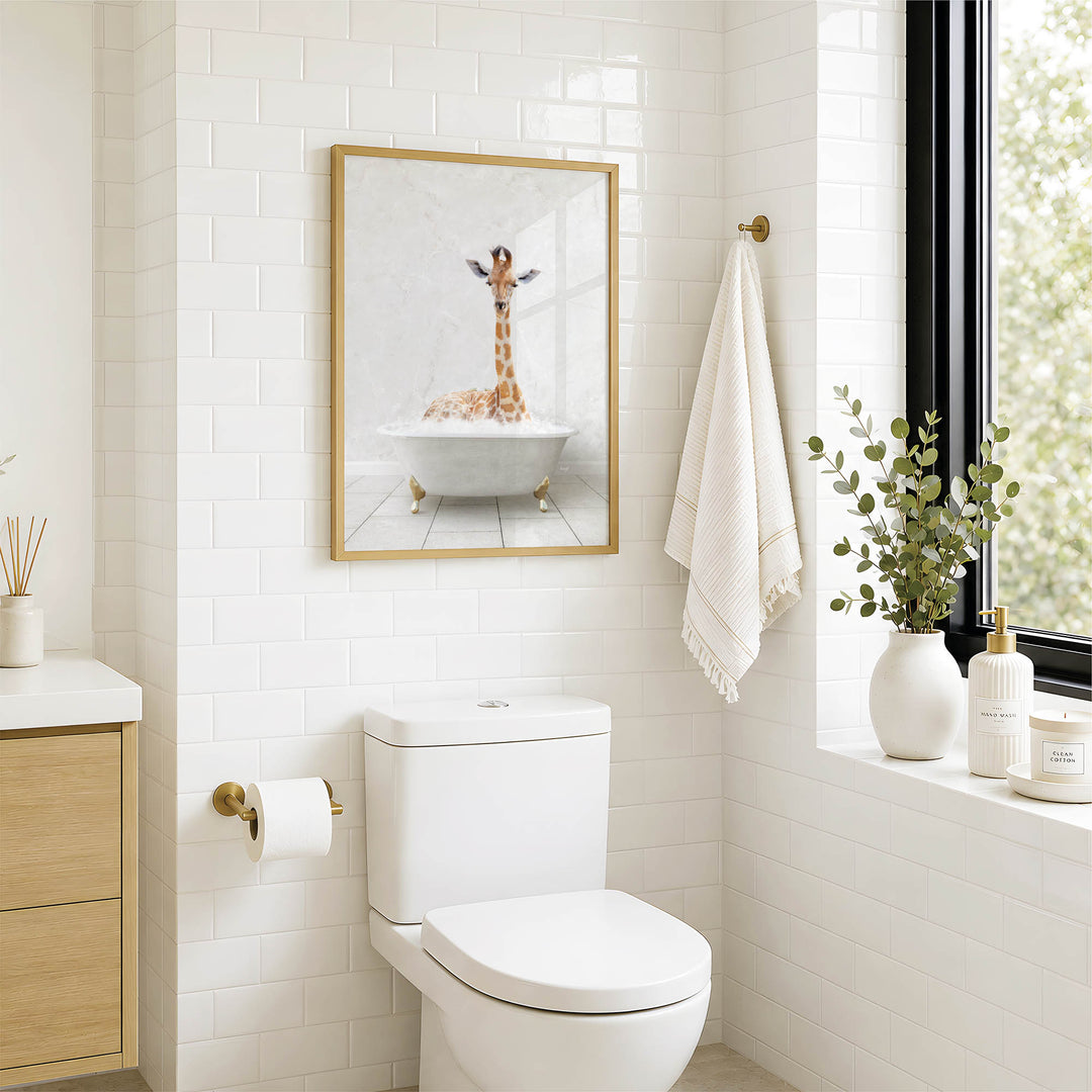 A bathroom with a white toilet, a framed picture of a giraffe in a bathtub, and a window with greenery on the sill.