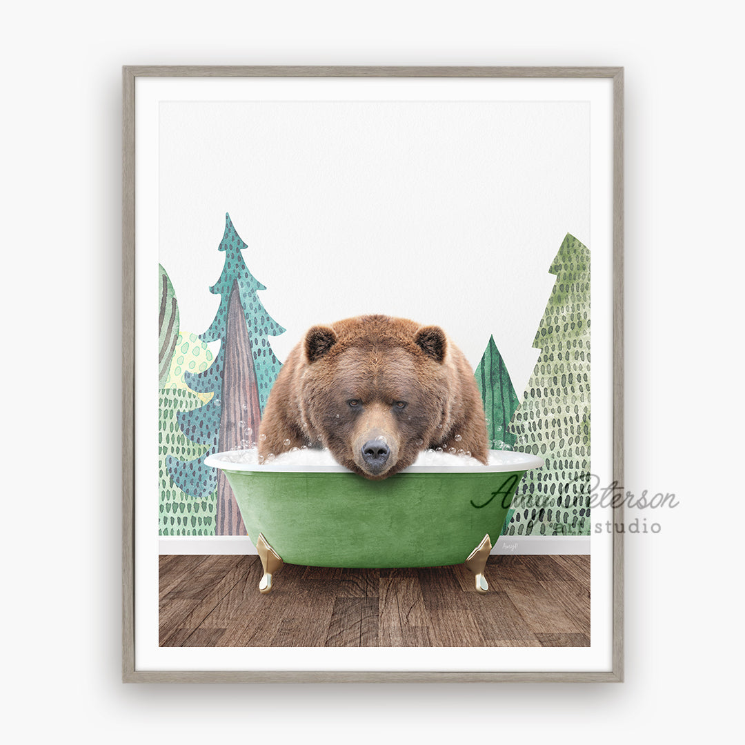 a brown bear sitting in a green bath tub