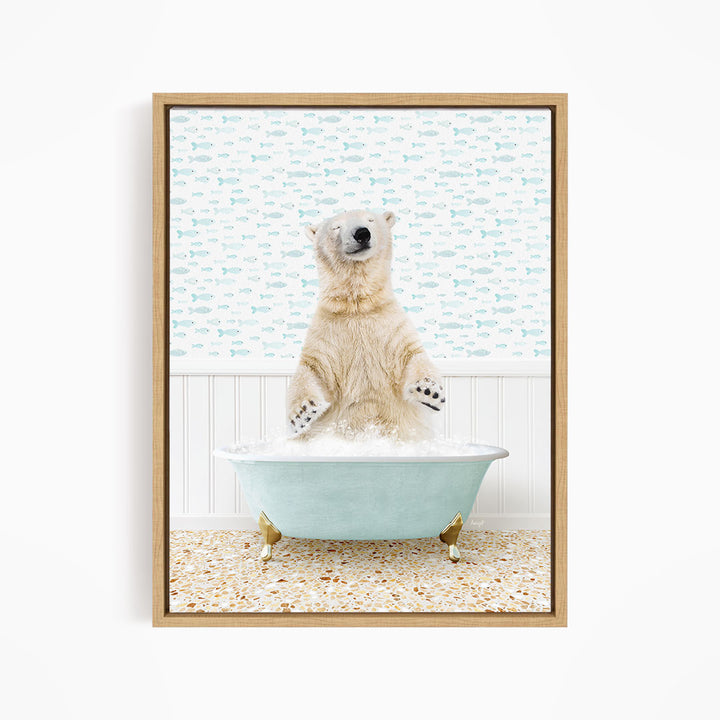 A polar bear standing in a bathtub filled with water, surrounded by a pattern of fish.