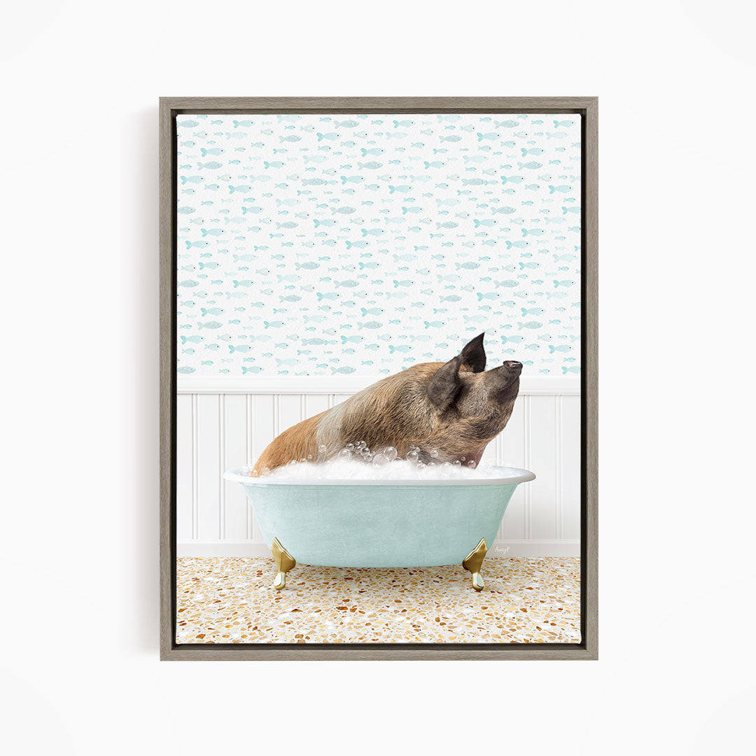 A pig sitting in a bathtub filled with water, surrounded by a pattern of fish.