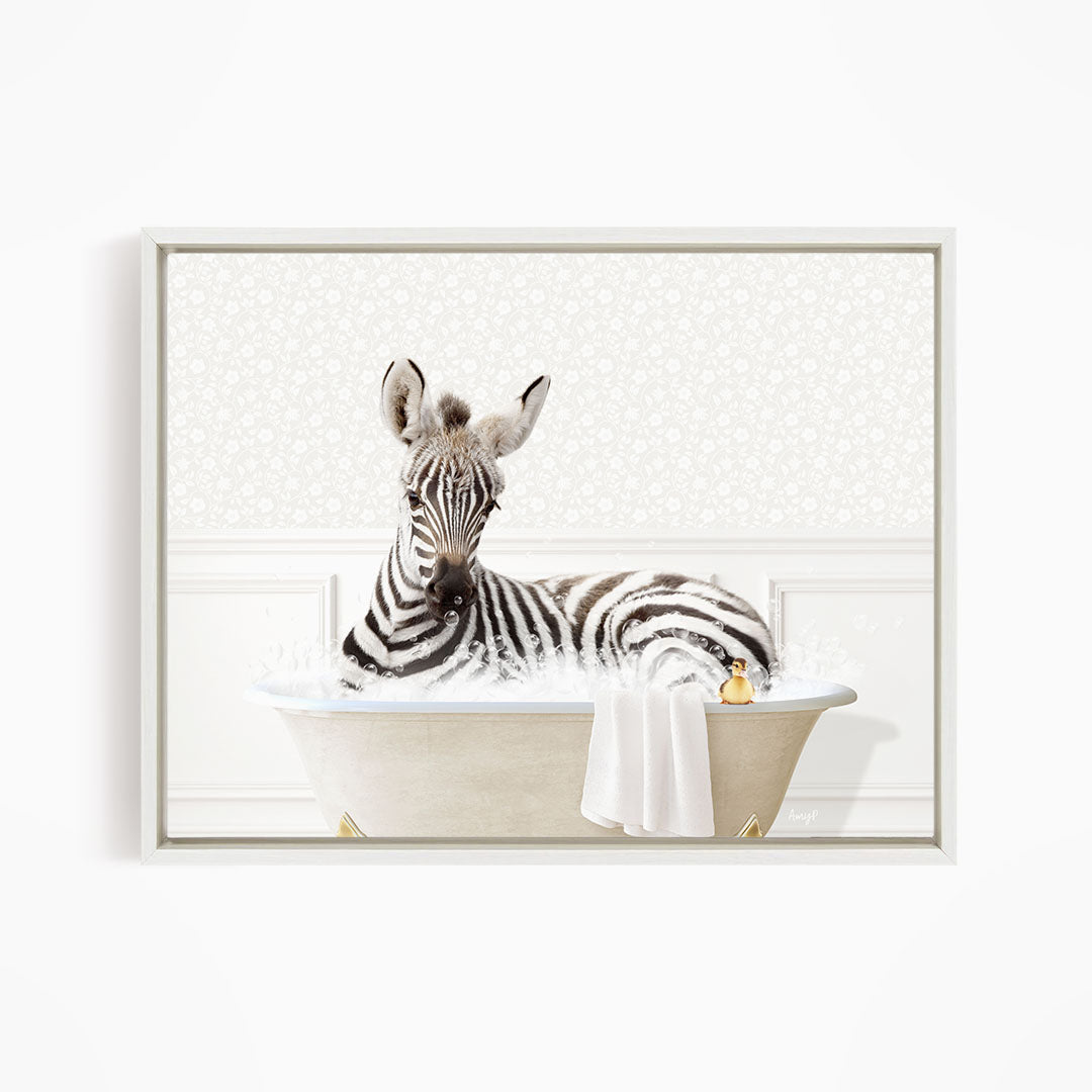 A zebra is sitting in a bathtub filled with water, surrounded by a white and beige patterned background.