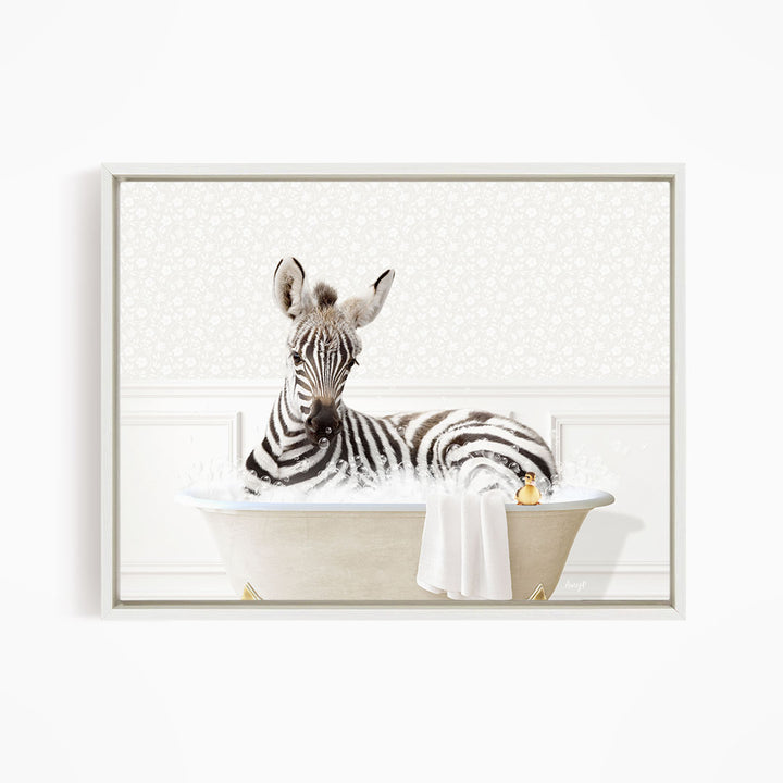 A zebra is sitting in a bathtub filled with water, surrounded by a white and beige patterned background.